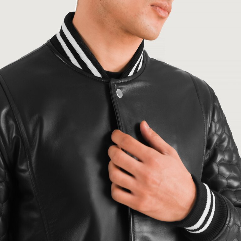Mens Wilde Black Leather Varsity Coat Close-Up-9-1704119103422